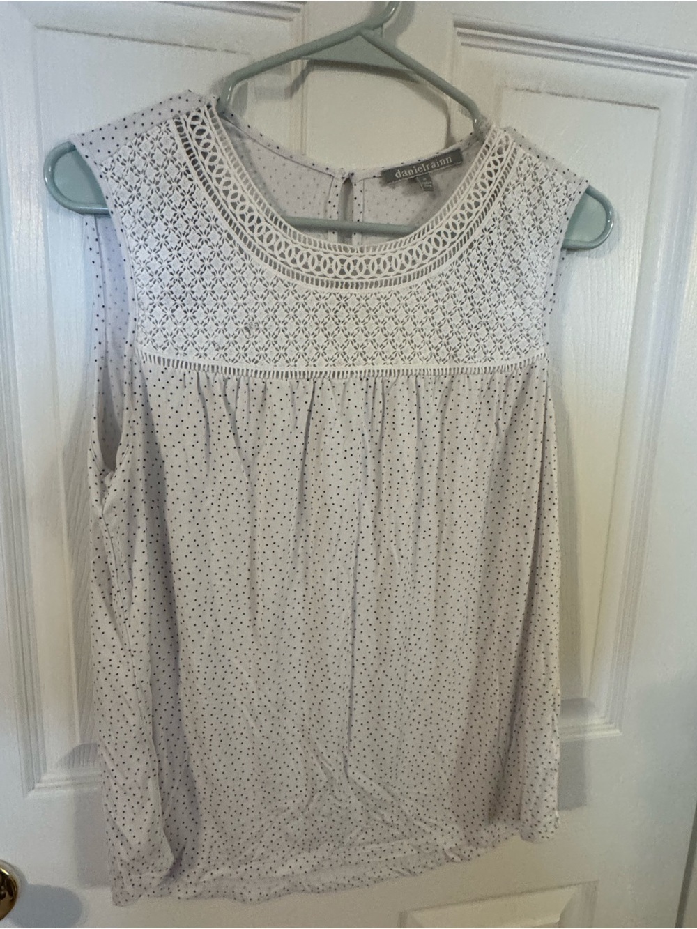 Daniel Rainn Cream Crochet Yoke Polka Dot Sleeveless Top